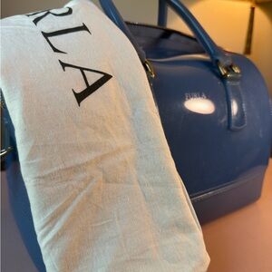 Furla Patent Leather Dome Satchel in Royal Blue